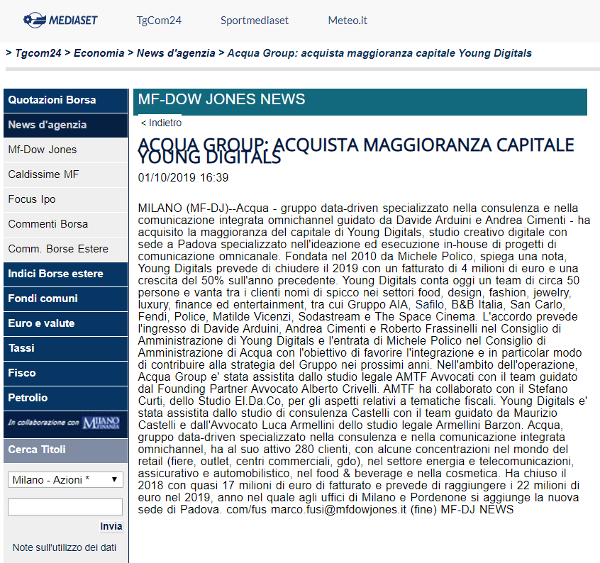 Acqua Group: acquista maggioranza capitale Young Digitals